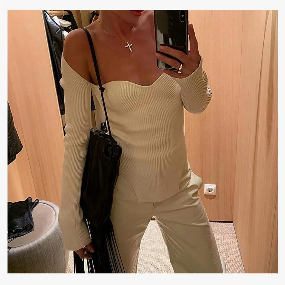 White Square Neck Ribbed Knitted Long Sleeve Sweater NWT - Picture 5 of 7